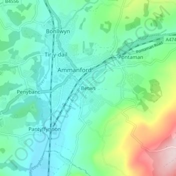 Topografische Karte Betws, Höhe, Relief