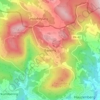 Topografische Karte Bauzing, Höhe, Relief
