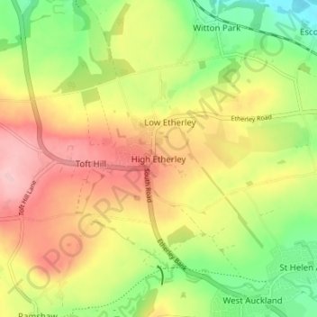 Topografische Karte High Etherley, Höhe, Relief