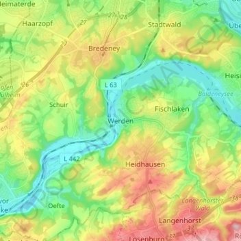 Topografische Karte Werden, Höhe, Relief