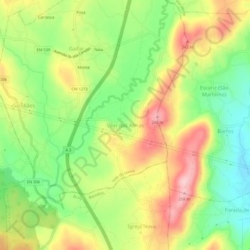 Topografische Karte Vilar das Almas, Höhe, Relief