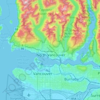 Topografische Karte District of North Vancouver, Höhe, Relief