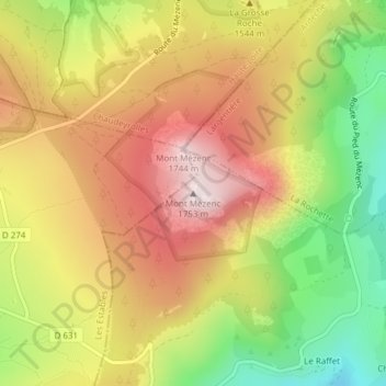 Topografische Karte Mont Mézenc, Höhe, Relief