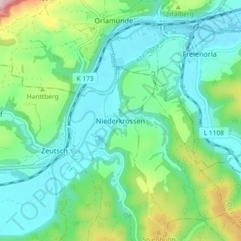 Topografische Karte Niederkrossen, Höhe, Relief