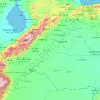 Topografische Karte Barinas, Höhe, Relief