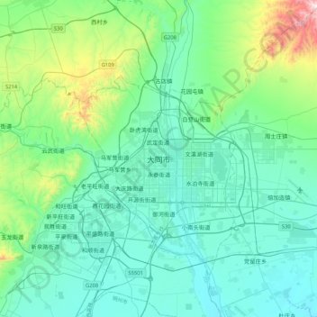 Topografische Karte Datong, Höhe, Relief