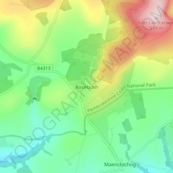 Topografische Karte Rosebush, Höhe, Relief
