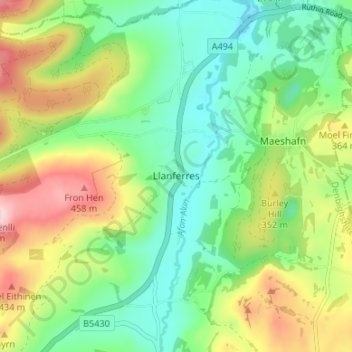 Topografische Karte Llanferres, Höhe, Relief