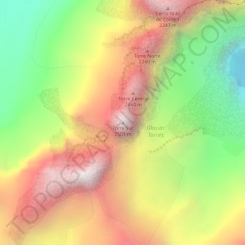 Topografische Karte Torres del Paine, Höhe, Relief