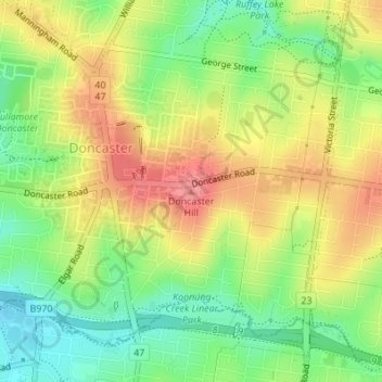 Topografische Karte Doncaster Hill, Höhe, Relief