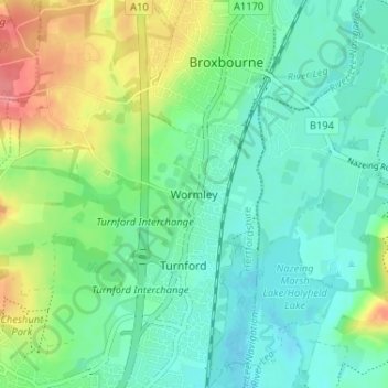 Topografische Karte Wormley, Höhe, Relief