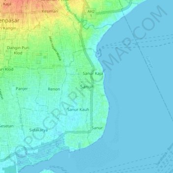 Topografische Karte Sanur, Höhe, Relief