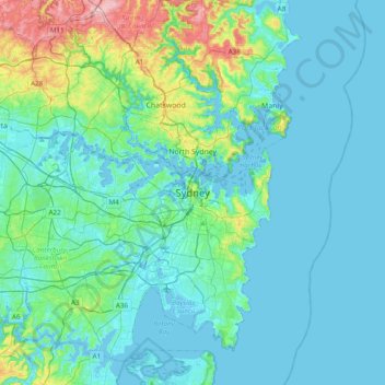 Topografische Karte Sydney, Höhe, Relief