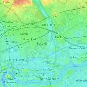 Topografische Karte East Ham, Höhe, Relief