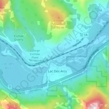 Topografische Karte Exshaw, Höhe, Relief