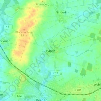 Topografische Karte Hagen, Höhe, Relief