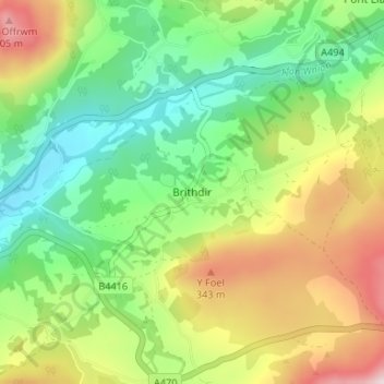 Topografische Karte Brithdir, Höhe, Relief