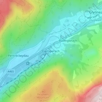 Topografische Karte Cwmgwrach, Höhe, Relief