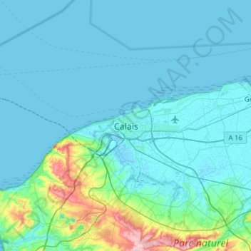 Topografische Karte Calais, Höhe, Relief
