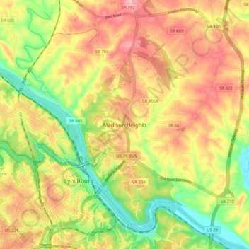 Topografische Karte Madison Heights, Höhe, Relief