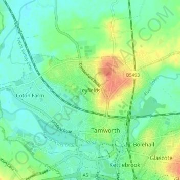 Topografische Karte Leyfields, Höhe, Relief