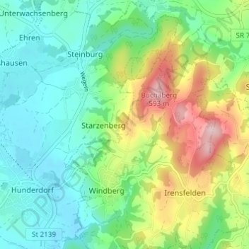 Topografische Karte Kreuzberg, Höhe, Relief