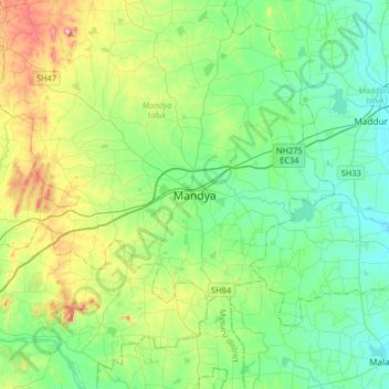 Topografische Karte Mandya, Höhe, Relief