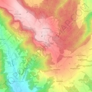 Topografische Karte Rubacker, Höhe, Relief