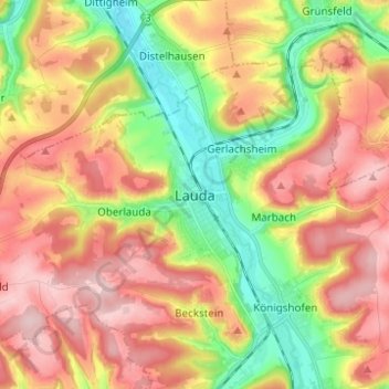 Topografische Karte Lauda, Höhe, Relief