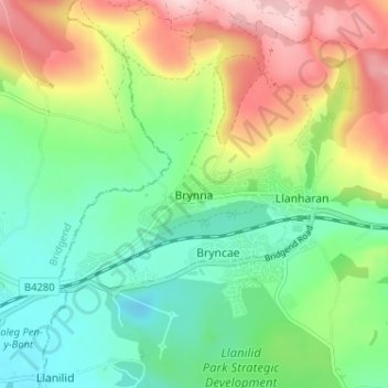 Topografische Karte Brynna, Höhe, Relief