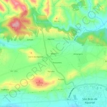 Topografische Karte Alcaria, Höhe, Relief