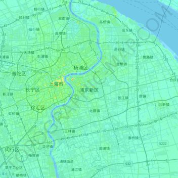 Topografische Karte 浦东新区, Höhe, Relief