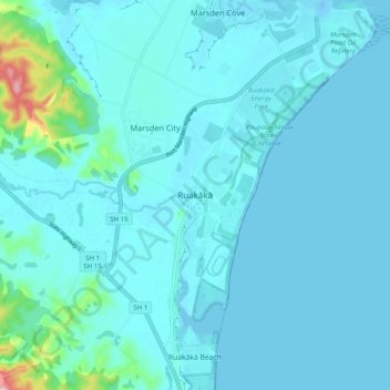 Topografische Karte Ruakākā, Höhe, Relief