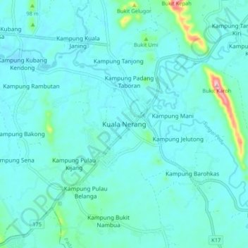 Topografische Karte Kuala Nerang, Höhe, Relief