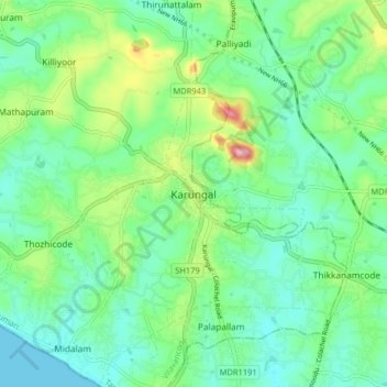 Topografische Karte Karungal, Höhe, Relief