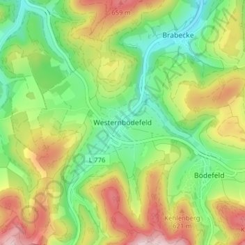 Topografische Karte Westernbödefeld, Höhe, Relief
