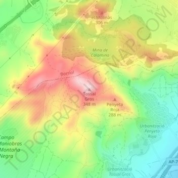 Topografische Karte Tossal Gros, Höhe, Relief