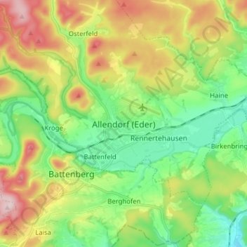 Topografische Karte Allendorf (Eder), Höhe, Relief