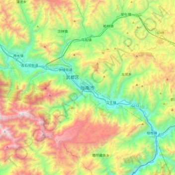 Topografische Karte Longnan, Höhe, Relief
