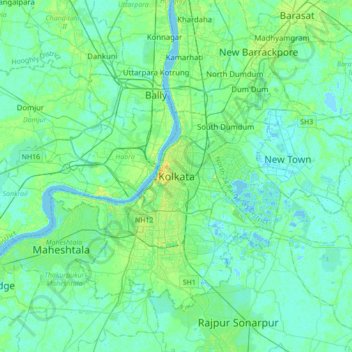 Topografische Karte Kalkutta, Höhe, Relief
