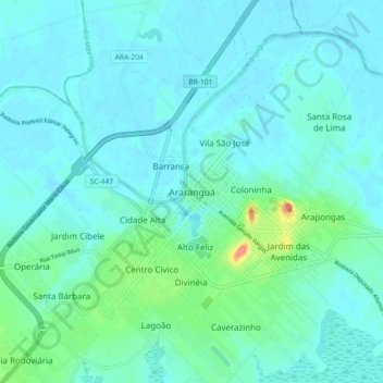 Topografische Karte Araranguá, Höhe, Relief