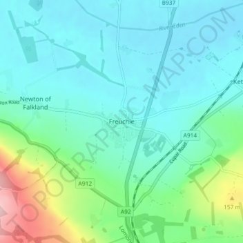 Topografische Karte Freuchie, Höhe, Relief