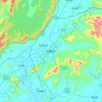 Topografische Karte 阳春市, Höhe, Relief