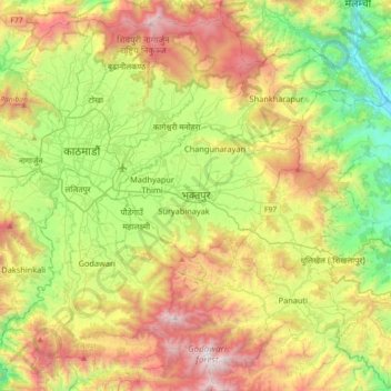 Topografische Karte Bhaktapur, Höhe, Relief