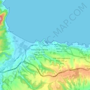 Topografische Karte Tipasa, Höhe, Relief