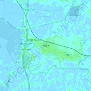 Topografische Karte Velde, Höhe, Relief