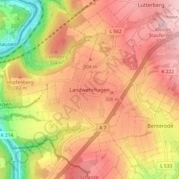 Topografische Karte Landwehrhagen, Höhe, Relief