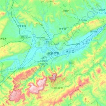 Topografische Karte Zhangjiajie, Höhe, Relief
