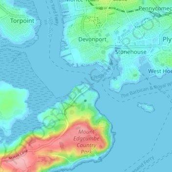 Topografische Karte Cremyll, Höhe, Relief