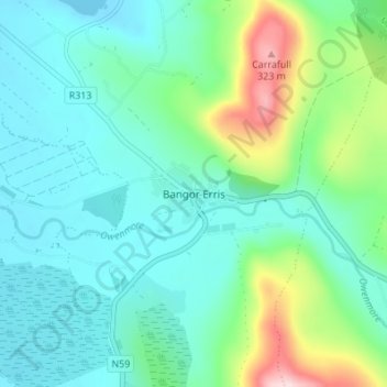 Topografische Karte Bangor Erris, Höhe, Relief